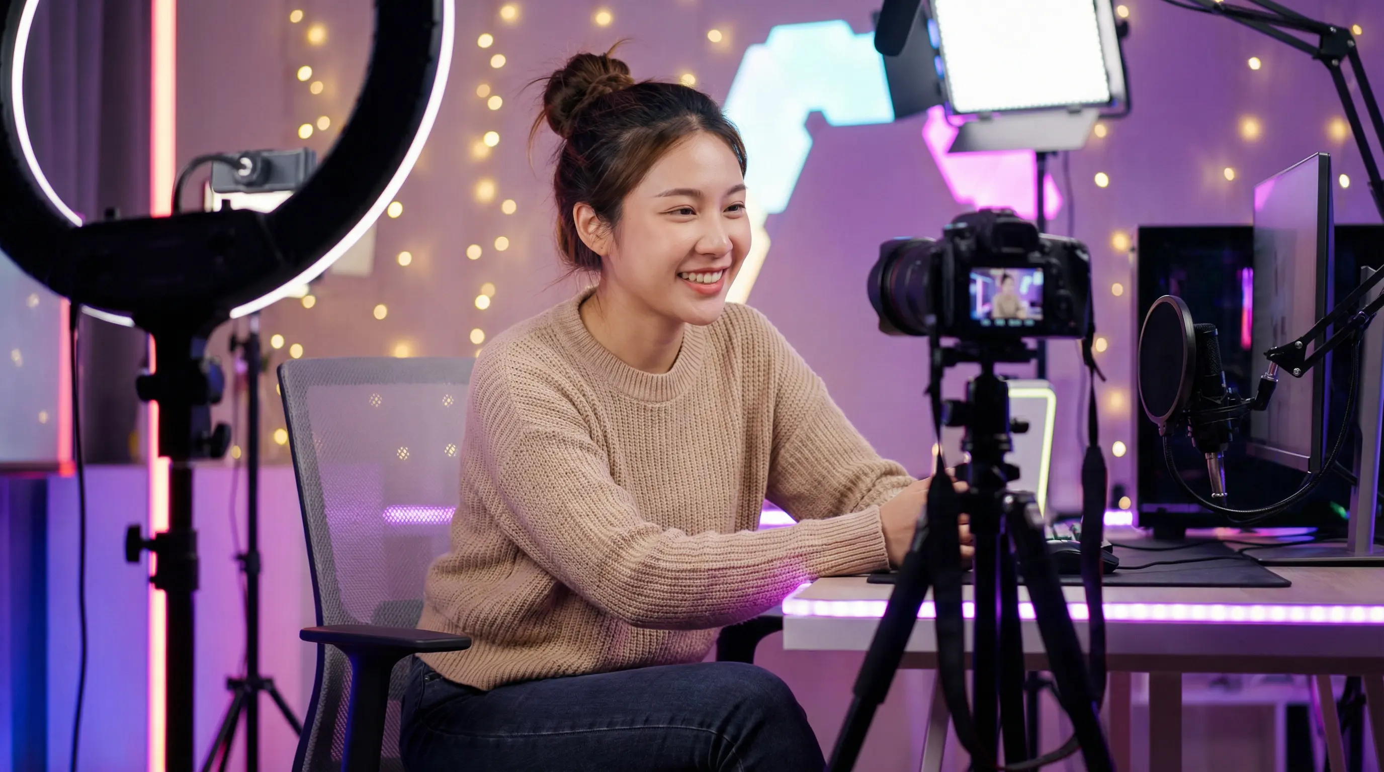 草莓视频原创视频创作者在专业工作室录制视频